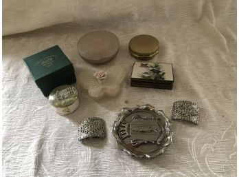 (#117a) Assortment Of Small Boxes, Makeup Compact, Butterfly Candle, Shoe Clips