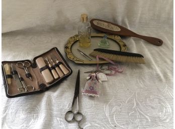 (#118a) Vintage Bakelite Tray, Vintage Lint Brushes, Scissors, Travel Manicure Set