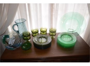 (#38) Green And Blue Glass Dishes (see Details)