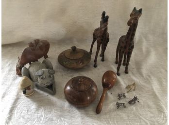 (#114a) Assortment Of Vintage Animals, Wood Boxes, Wood Carved Boy On Bull ( Check Description)