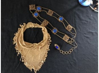 (#121a) Vintage 80's Gold Tone Bib Mesh Necklace &  Vintage Belt