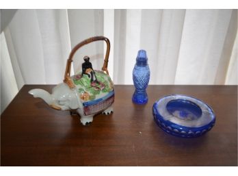 (#28) Hand Painted Japan Elephant Tea Pot, Blue Crystal Glass Ash Tray , Salt Shaker