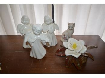 (#84) Ceramic Angels (3), Porcelain Cat And Flower
