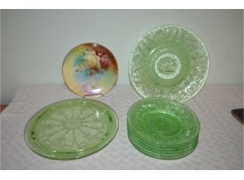 (#27) Green Depression Glass Pedestal Cake Plate, Dessert Plates, Hand Painted Bavaria Floral Plate