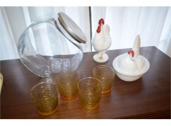 (#94) Milk Glass Covered Rooster (2) , Large Candy Jar, Amber Glasses (4)