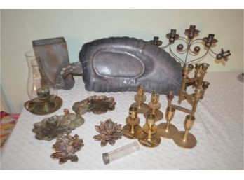 (#74) Brass, Trinket, Pewter Leaf Tray, Metal Vase