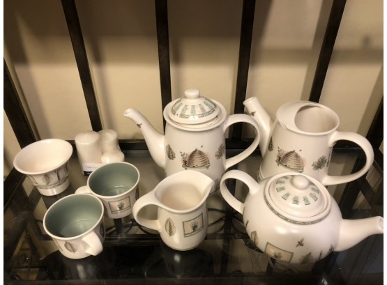 (#104)  Pfaltzgraff Tea Pots (2) Pitcher, Creamer, Cups Pattern 'naturewood' & 7 Pieces Plus Candles