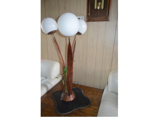 Mid Century Post Modern Wood Leaf Copper Stem Table Lamp - Works