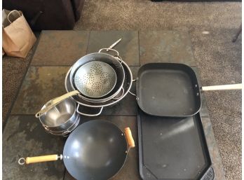 (#144) Variety Of Kitchen Cooking Items: Griddled, Colanders, Sm. Wok,  Sm. Mixing Bowls - See Details