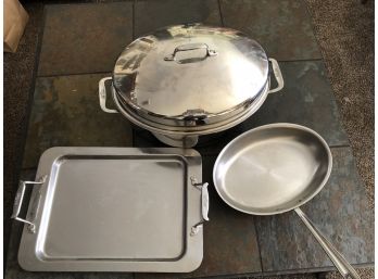 (#140) All-Clad Roasting Pan With Lid, Oval Fry Pan, & Serving Tray (12'x17')