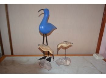 (#14) Wood Birds (2) And Blue Bird With Metal Legs