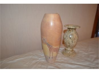 (#42) Kenya Marble Vase Giraffe 8 1/2' H And Coral Stone Vase Pakiston 6'H