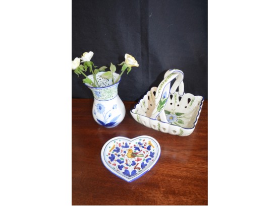 (#78) Ceramic Vase, Poland Hand-painted Basket, Porcelain Roses, Italy Heart Plate