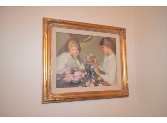 (#135) Framed Picture Of Girl Print 'Arranging Roses'