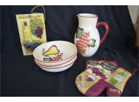 (#90) Ceramic Hand-painted Pitcher, Bowls (3), Wall Hanging, Pot Holders