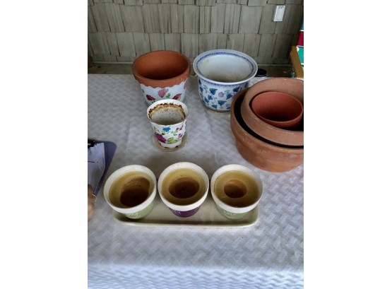 (2) Terra Cotta (3) Ceramic  Planters  - 3 Piece Candle Set