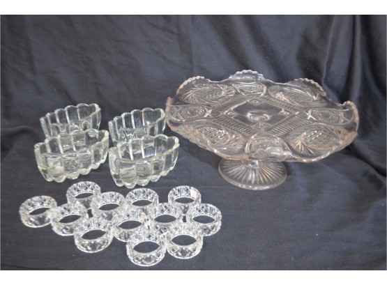 (#60) Glass Pedestal Cake Plate  4 Glass Flatware Holders  Plastic Napkin Rings