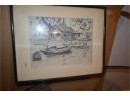 (#189) Vintage Signed Lionel Barrymore Black And White Pencil Art 'Point Pleasant'