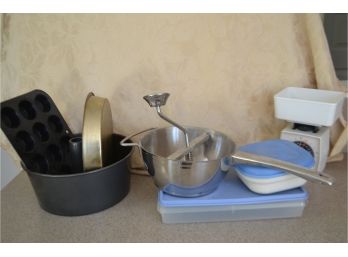 (#120) Bakeware, Food Mill, Kitchen Scale
