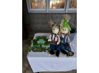 2 - Scarecrows With Planter Bucket &  Sign