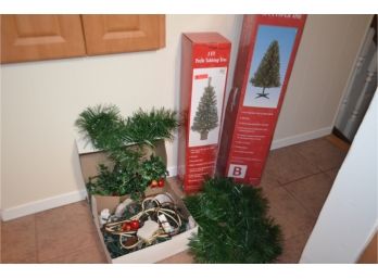 (#175) Faux Christmas Pre-lite Trees 4.5ft And 3ft (not Tested), Lights And Garland