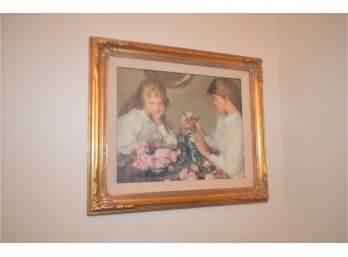 (#135) Framed Picture Of Girl Print 'Arranging Roses'