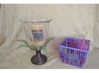 (#94) Metal Base Glass Candle Holder And Glass Planter,