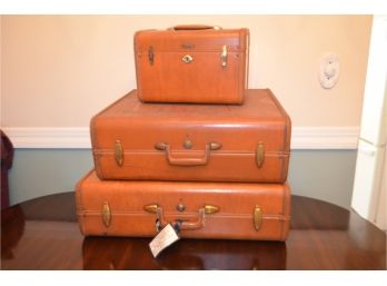 (#126) Amazing Vintage Samsonite Shwayder Bros. 3 Piece Leather Luggage Nice For It's Age