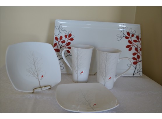 (#50) Ceramic Serving Plates 'Winter Cardinal' And 2 Mugs