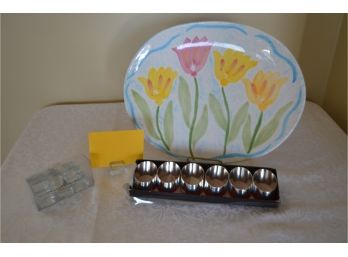 (#54) Tulip Serving Plater, Napkin Rings And Pottery Barn Place Card Holders