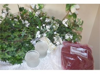 (#199) Wedding / Shower Assortment Of Faux Ivy Garland, Glass Coaster (16), Tulle 10'R  ALL In Plastic Storage