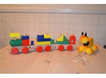 (#175) Wood Puzzle Block Train With Pull Along Cat