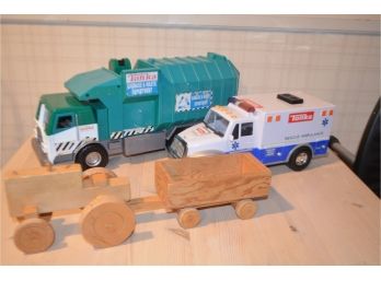 (#179) Wood Train And Tonka Trucks:  Ambulance, Garbage Truck,