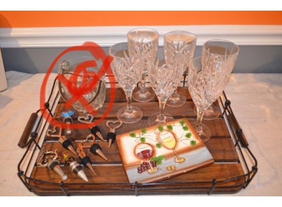 Wine Glass And Tray With Wine Bottle Stoppers