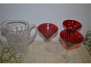 2 Red Martini Glasses And Glass Pitcher