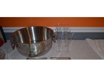 Large Stainless Bottle Ice Bucket And Champagne Flute Glasses