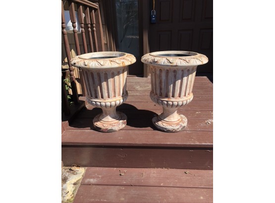 (#4) Pair Of  Cement Garden Urns/ Check Photo's  Some Damage On Base Of  1 Planter