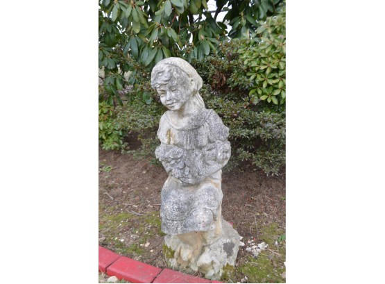 (#26) Vintage Cement Girl Garden Statue With Bunnies In Her Arms And At Her Feet