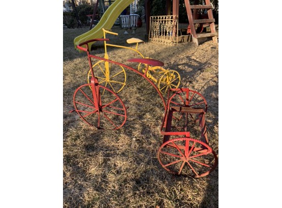 (#29) 2 Metal Garden Planter Tricycles - Painted  Red& Yellow -  15'(w) X 20'(h)