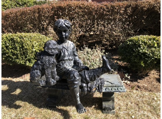 (#32)  Resign Garden Statue 'boy & Dod On Bench - See Description