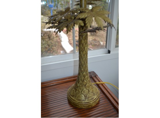 Metal Palm Lamp Base, Stain Glass Shade Has Slight Damage - See Details