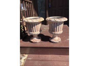 (#4) Pair Of  Cement Garden Urns/ Check Photo's  Some Damage On Base Of  1 Planter