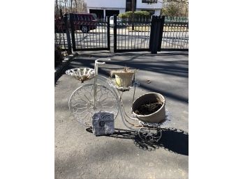 (#2) White Metal Tricycle Plant Stand  With Garden Plaque 32'(w) X 23 1/2' (tall)