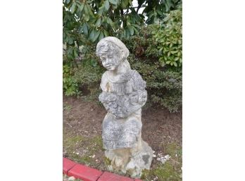 (#26) Vintage Cement Girl Garden Statue With Bunnies In Her Arms And At Her Feet