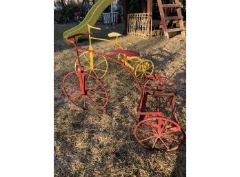 (#29) 2 Metal Garden Planter Tricycles - Painted  Red& Yellow -  15'(w) X 20'(h)