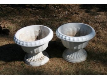 (#92)  2- Plastic White Planters (urn Style)  19'(W) X 14' (H)
