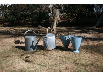 (#96)  2- Tin Watering Cans &  2 -Tin Garden Planters  Check Description