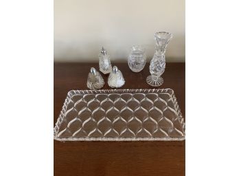 Glass Tray, Salt Pepper Shakes, Bud Vases