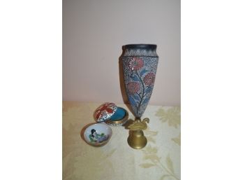 (#15) Cloisonne Trinket, Asian Trinket Bowl, Wall Vase, Brass Bell (4 Items)