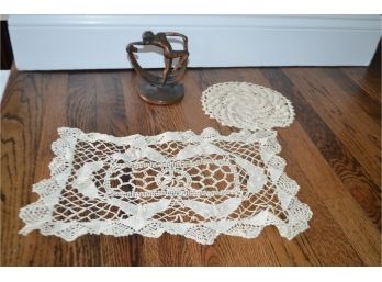 Metal Book End / Decor, Lace Table Runner
